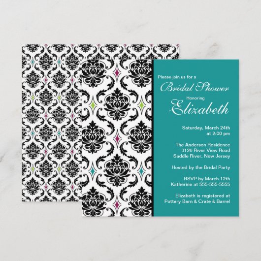 Damask Bridal Shower Invitation Black & Turquoise Kaart (Voorkant / Achterkant)