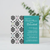 Damask Bridal Shower Invitation Black & Turquoise Kaart (Staand voorkant)