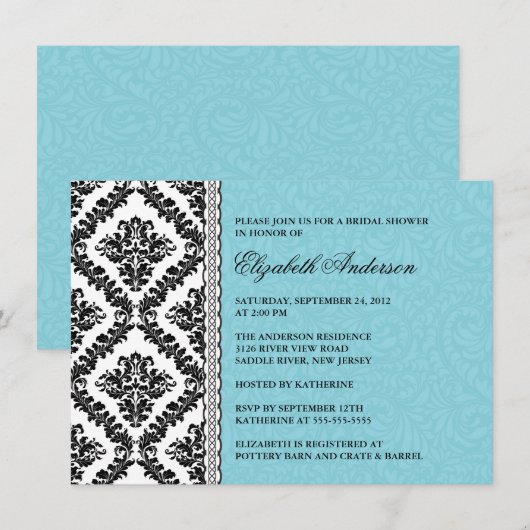 Damask Bridal Shower Invitation Black & Turquoise Kaart (Voorkant / Achterkant)