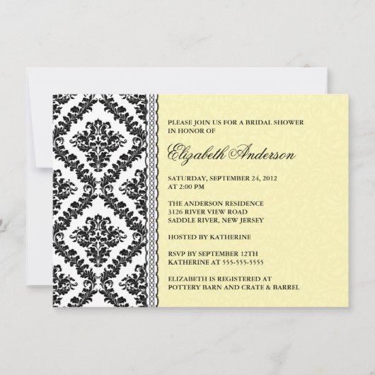 Damask Bridal Shower Invitation Black & Yellow Kaart (Voorkant)