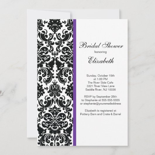 Damask Bridal Shower Invitation Eggplant Paars Kaart (Voorkant)