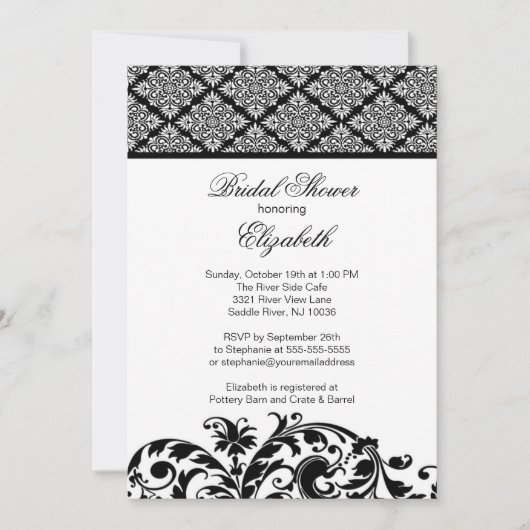 Damask Bridal Shower Invitation Elegant Black Kaart (Voorkant)