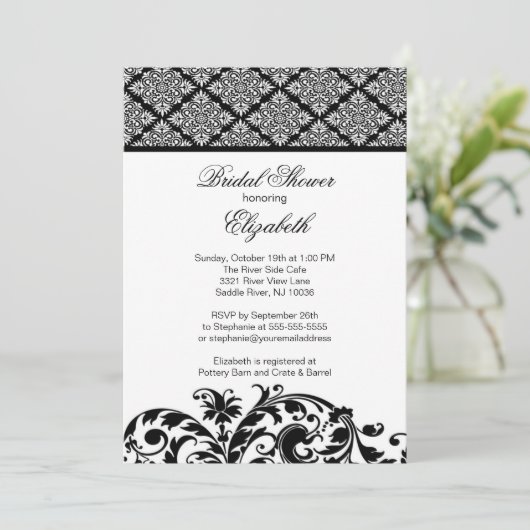 Damask Bridal Shower Invitation Elegant Black Kaart (Staand voorkant)