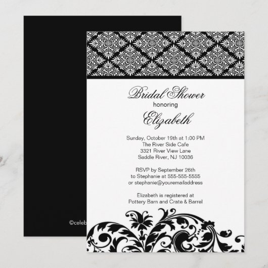Damask Bridal Shower Invitation Elegant Black Kaart (Voorkant / Achterkant)