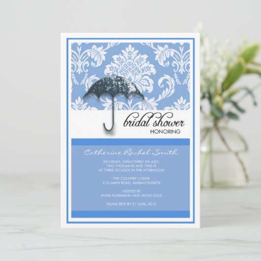 Damask Bridal Shower Invitation in Blue Kaart (Staand voorkant)
