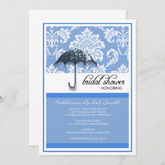 Damask Bridal Shower Invitation in Blue Kaart (Voorkant / Achterkant)