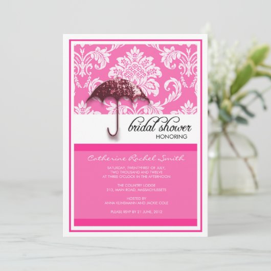 Damask Bridal Shower Invitation in Fuchsia Kaart (Staand voorkant)