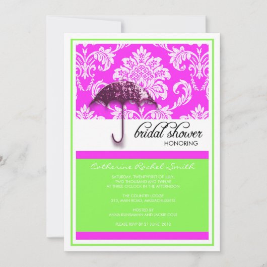 Damask Bridal Shower Invitation in Green en Roze Kaart (Voorkant)