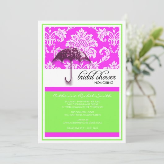 Damask Bridal Shower Invitation in Green en Roze Kaart (Staand voorkant)