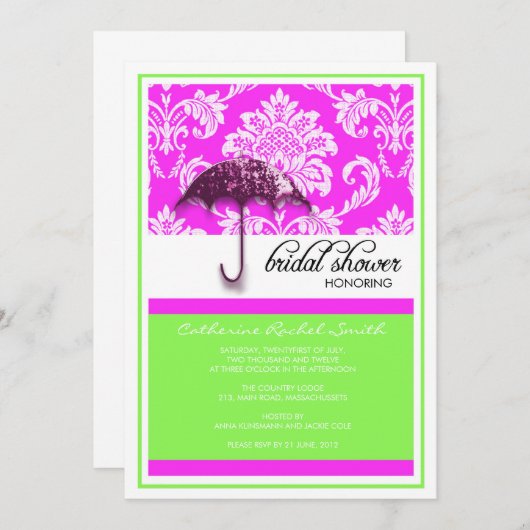 Damask Bridal Shower Invitation in Green en Roze Kaart (Voorkant / Achterkant)