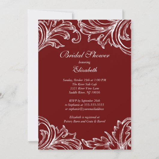  Damask Bridal Shower Invitation Merlot Kaart (Voorkant)