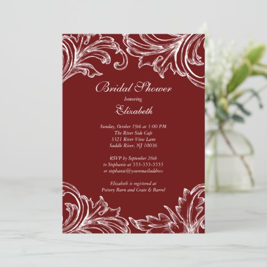  Damask Bridal Shower Invitation Merlot Kaart (Staand voorkant)