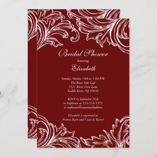  Damask Bridal Shower Invitation Merlot Kaart (Voorkant / Achterkant)