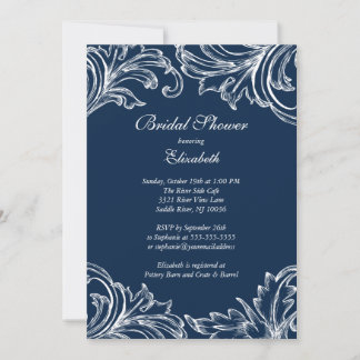  Damask Bridal Shower Invitation Navy Blue Kaart