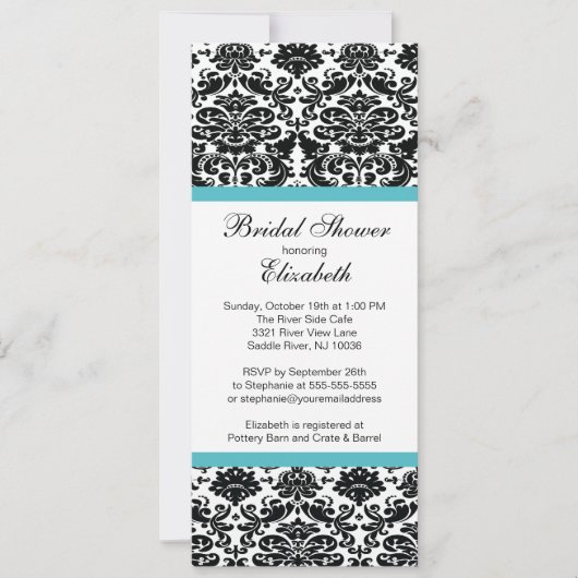 Damask Bridal Shower Invitation Turquoise Blue Kaart (Voorkant)