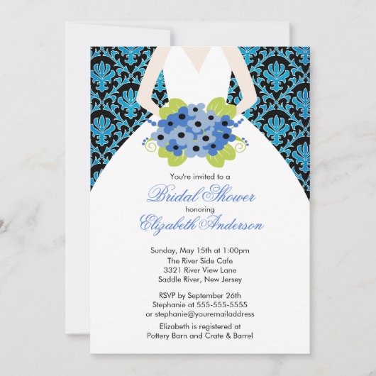 Damask Bride Bridal Shower Invitation Royal Blue Kaart (Voorkant)