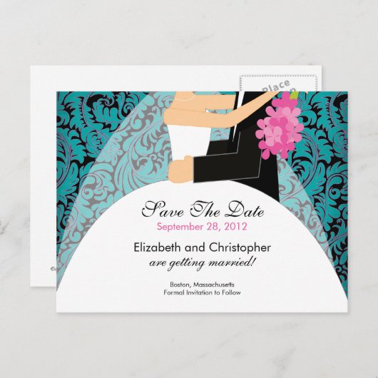 Damask Bride & Groom Save the Date Uitnodiging (Voorkant / Achterkant)