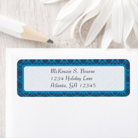 Damask Bright Aqua & Navy Return Address Etiket (Insitu)