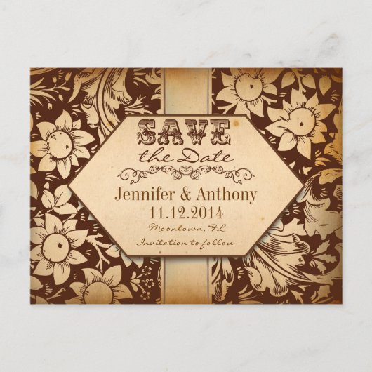  Damask Brown Bewaar de datum Post Cards Aankondigingskaart (Voorkant)