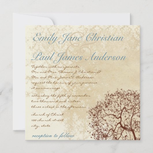  Damask Brown Tree Blauwgroen Font Wedding Invite Kaart (Voorkant)