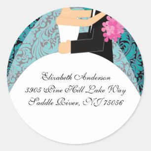Damask Bruid & Bruidegom Adres Sticker Turquoise