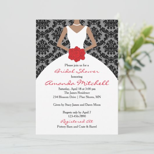 Damask Bruid Douche Uitnodigingen │ Donkere Huid (Staand voorkant)
