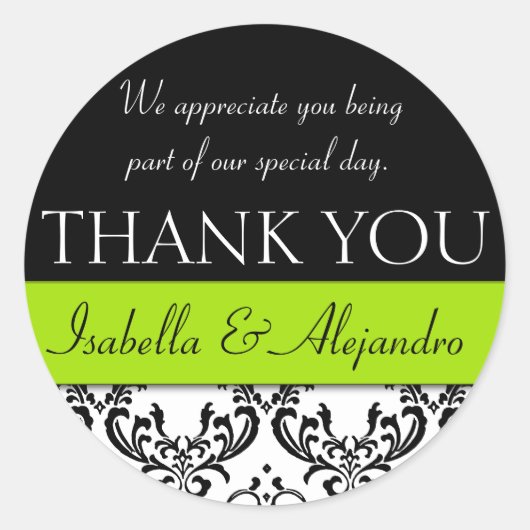 Damask bruiloft gunst dank u label lime groen (Voorkant)