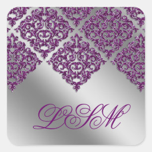 Damask Bruiloft Stickers Paarse Initiaal Sparkle
