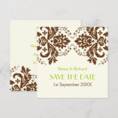 Damask bruin, groen, ivoren bruiloft Save the Date (Voorkant / Achterkant)