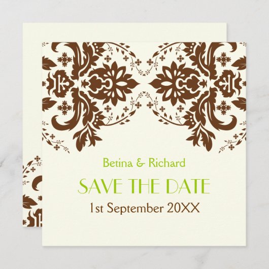 Damask bruin, groen, ivoren bruiloft Save the Date (Voorkant / Achterkant)