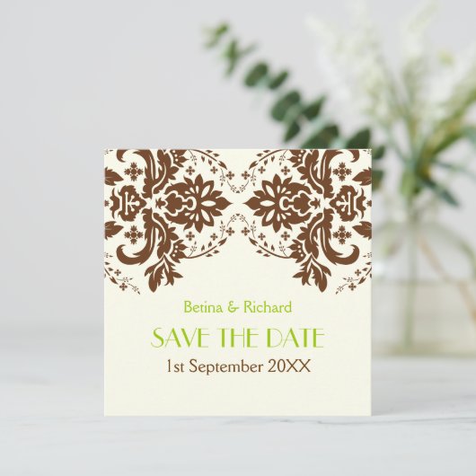 Damask bruin, groen, ivoren bruiloft Save the Date (Staand voorkant)