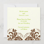 Damask bruin, groen, ivoren bruiloft Save the Date (Achterkant)
