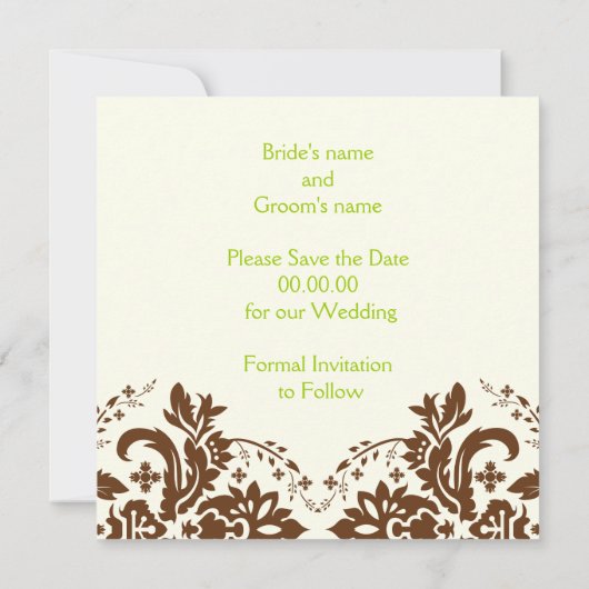Damask bruin, groen, ivoren bruiloft Save the Date (Achterkant)
