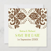 Damask bruin, groen, ivoren bruiloft Save the Date (Voorkant)