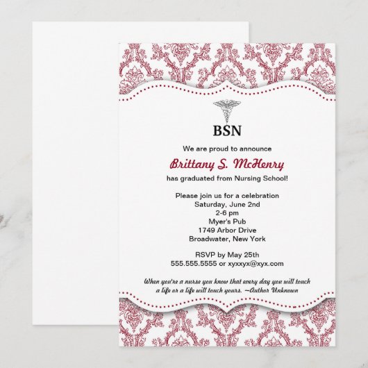 Damask Burgundy Nurse pinning afstuderen BSN RN Kaart (Voorkant / Achterkant)