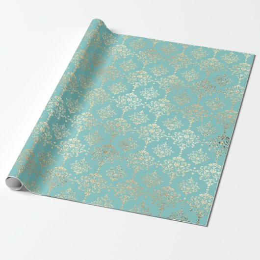 Damask Champagne Gold Royal Metallic Aqua Cadeaupapier (Uitgerold)