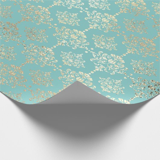Damask Champagne Gold Royal Metallic Aqua Cadeaupapier (Hoek)