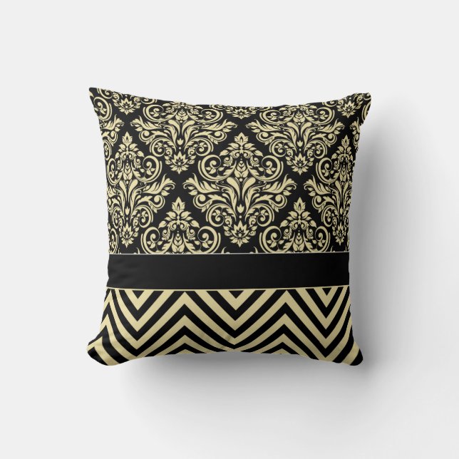 Damask Chevron - zwarte ivoor Kussen (Voorkant)