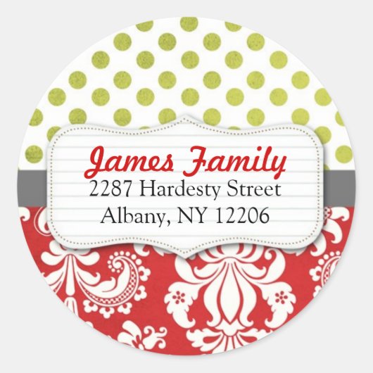 Damask Christmas Circle Adreslabel Ronde Sticker (Voorkant)