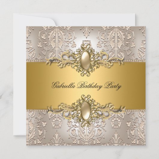 Damask Crème Gouden Verjaardag Parel Kaart (Voorkant)