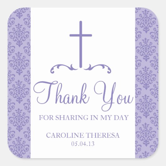 Damask Cross Eerste Communie Vierkante Sticker (Voorkant)