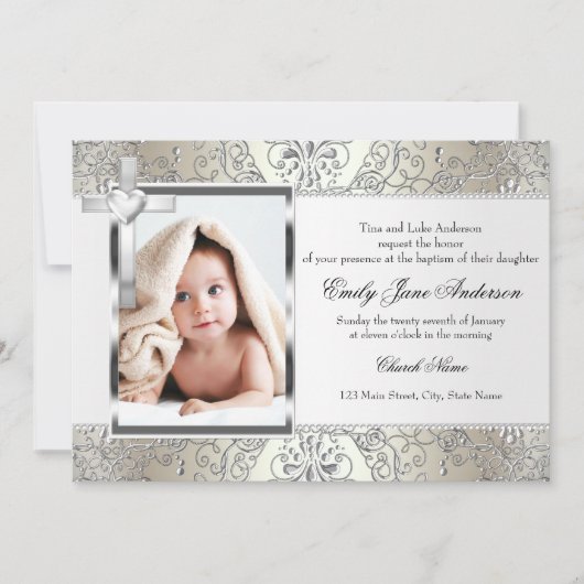  Damask Cross Foto Baptisme Invite Kaart (Voorkant)