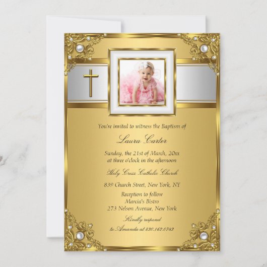 Damask & Cross Gold Photo Baptism/Christening Kaart (Voorkant)