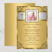 Damask & Cross Gold Photo Baptism/Christening Kaart (Voorkant / Achterkant)