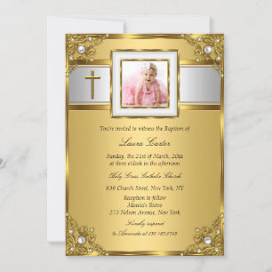 Damask & Cross Gold Photo Baptism/Christening Kaart