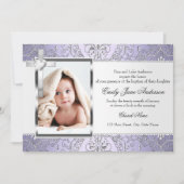  Damask & Cross Paarse Photo Baptisme Invite Kaart (Voorkant)