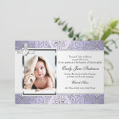  Damask & Cross Paarse Photo Baptisme Invite Kaart (Staand voorkant)