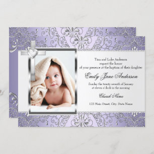  Damask & Cross Paarse Photo Baptisme Invite Kaart