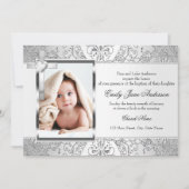 Damask & Cross Silver Photo Baptism Invite Kaart (Voorkant)