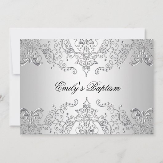Damask & Cross Silver Photo Baptism Invite Kaart (Achterkant)